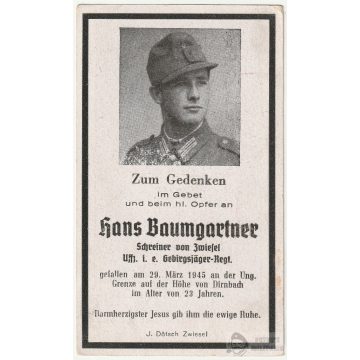   Halálozási értesítő (HUN) - Hans Baumgartner / magyar határvidék