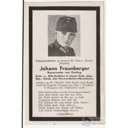 Halálozási értesítő (HUN) Johann Fraunberger - Érpatak