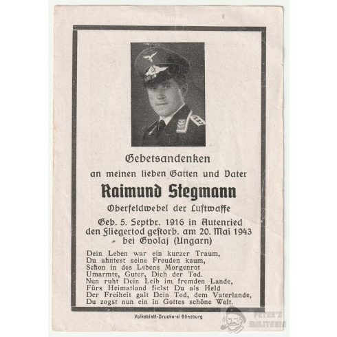Halálozási értesítő (HUN) - Raimund Stegmann / Gyulaj