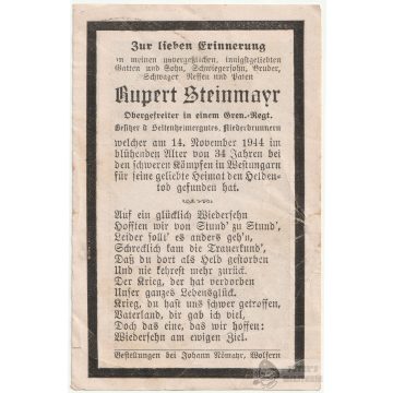 Halálozási értesítő (HUN) Rupert Steinmayr - Kiskőszeg