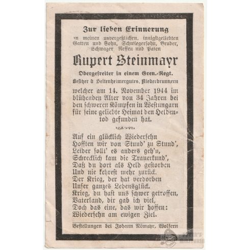 Halálozási értesítő (HUN) Rupert Steinmayr - Kiskőszeg