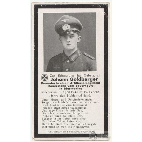 Halálozási értesítő (HUN) Johann Goldberger - Budapest