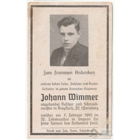 Halálozási értesítő (HUN) - Johann Wimmer - Esztergom 